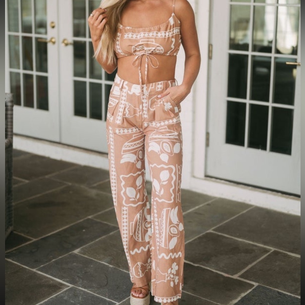 Tan Patterned Women's Two Piece Set